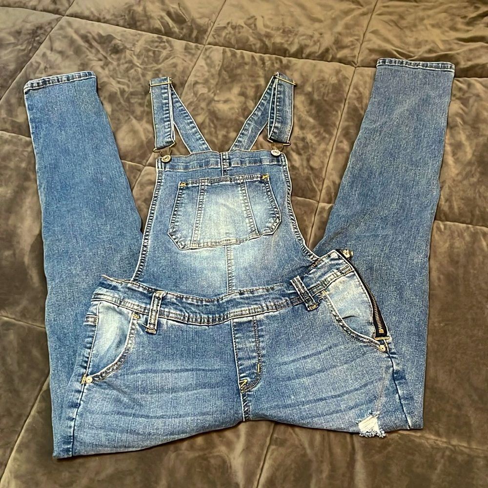 Wallflower Distressed Skinny Denim Criss Cross Back Overalls Jeans S